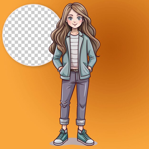 a girl with long hair in a jacket pants sneakers