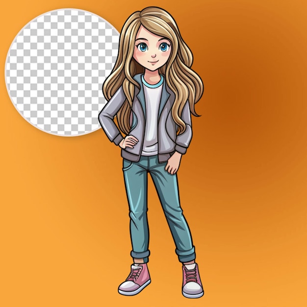 a girl with long hair in a jacket pants sneakers