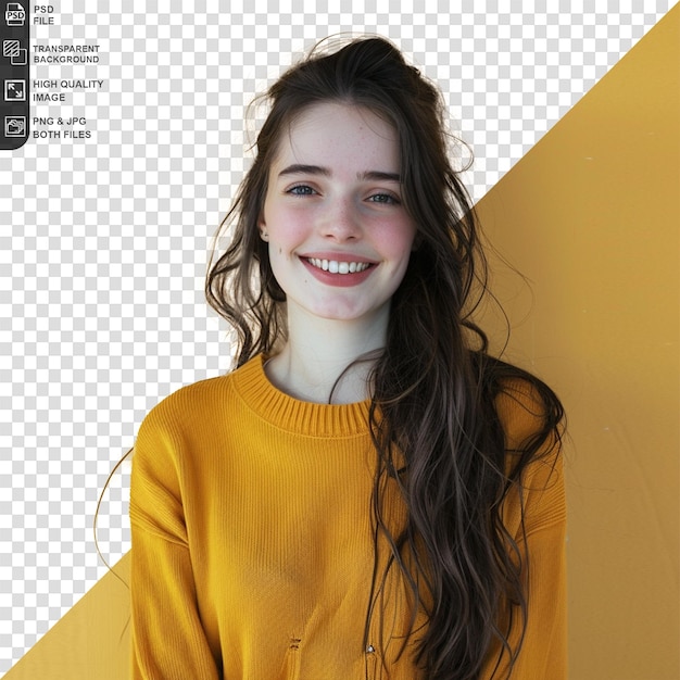 PSD a girl with long hair smiling and a yellow sweater with a black border