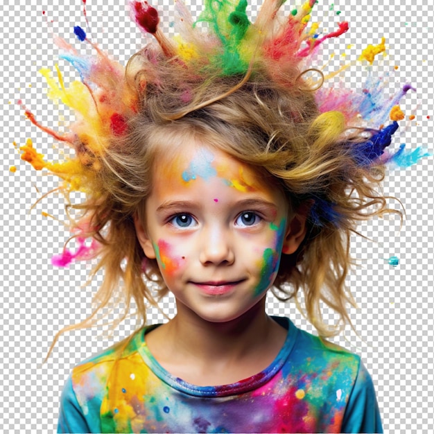 PSD girl with messy hair and colorful splatter isolated on transparent background