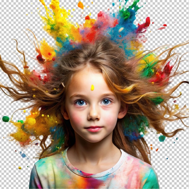 PSD girl with messy hair and colorful splatter isolated on transparent background