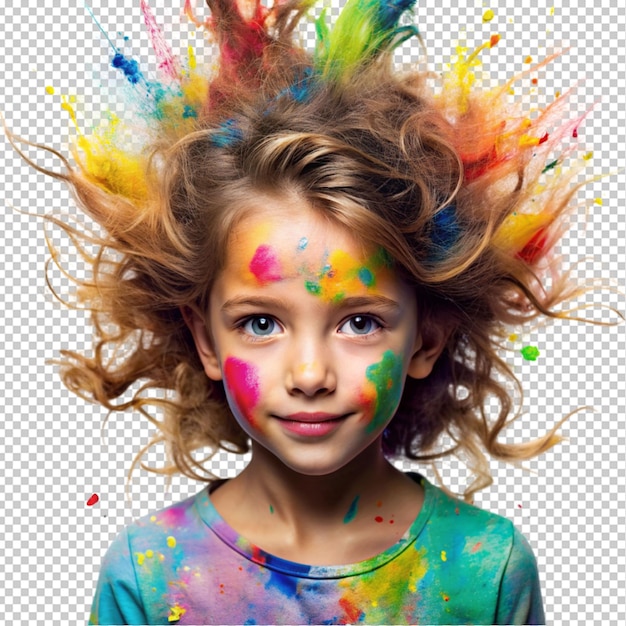 PSD girl with messy hair and colorful splatter isolated on transparent background