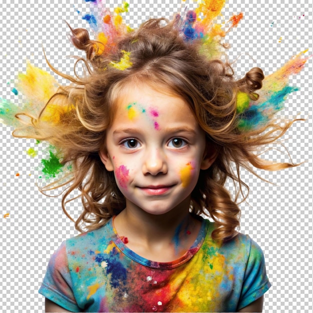 PSD girl with messy hair and colorful splatter isolated on transparent background