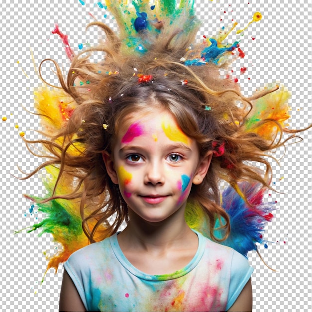 Girl with messy hair and colorful splatter isolated on transparent background