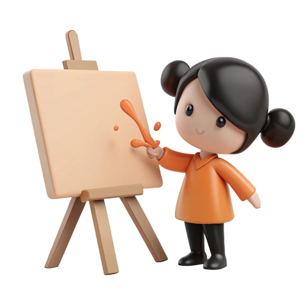 PSD a girl with a pencil next to a wooden easel