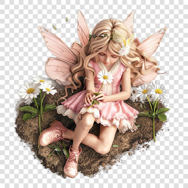 PSD a girl with a pink dress and a fairy sitting on a flower bed