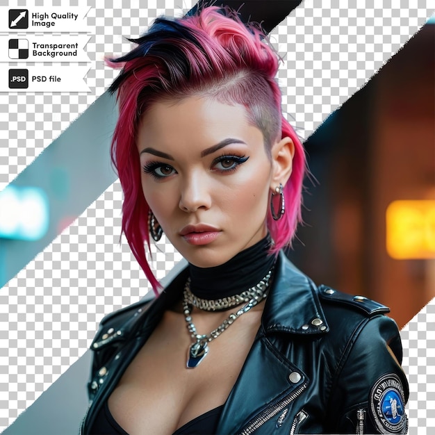 PSD a girl with pink hair and a necklace with a black border