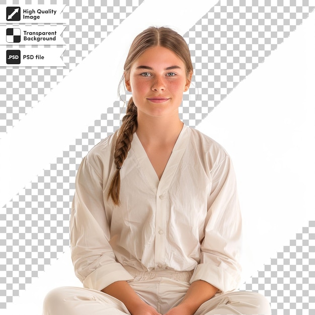 PSD a girl with a pony tail sits on a white background