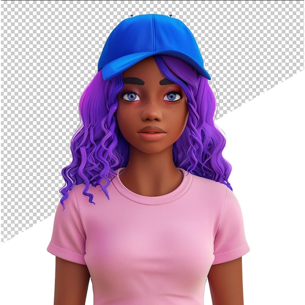 PSD a girl with purple hair and a blue hat is standing in front of a white background