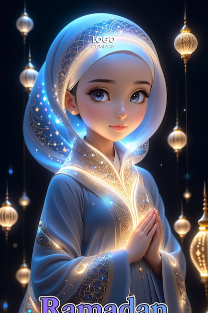 a girl with a veil and a blue cloak is standing in front of a light blue light