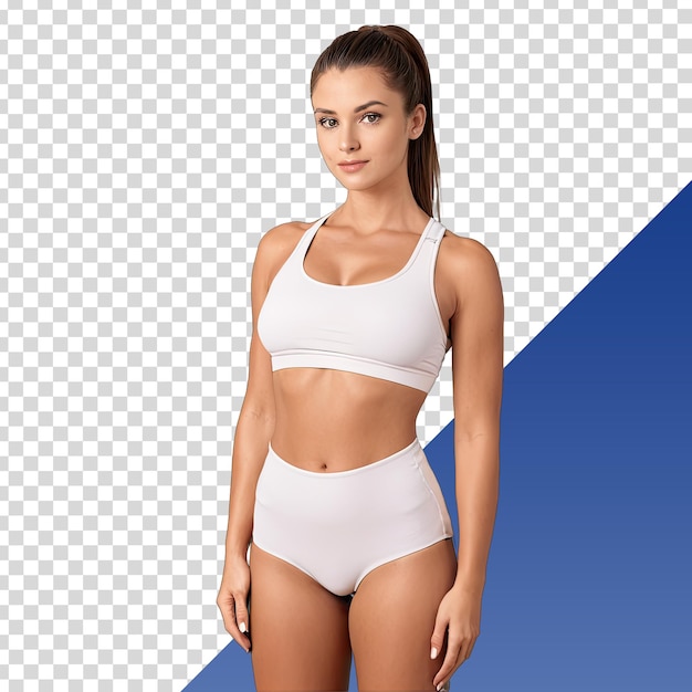 a girl with a white bra on her waist stands in front of a blue background