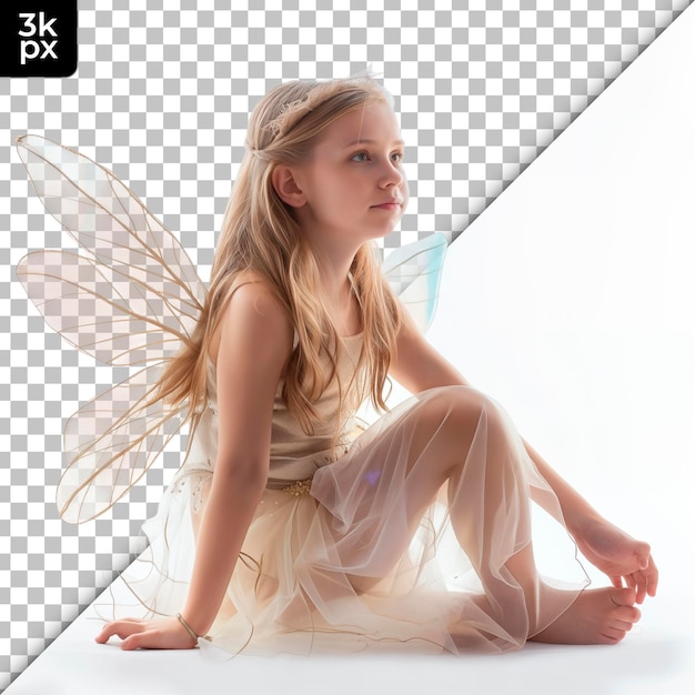 a girl with a winged angel on her back sits on the floor