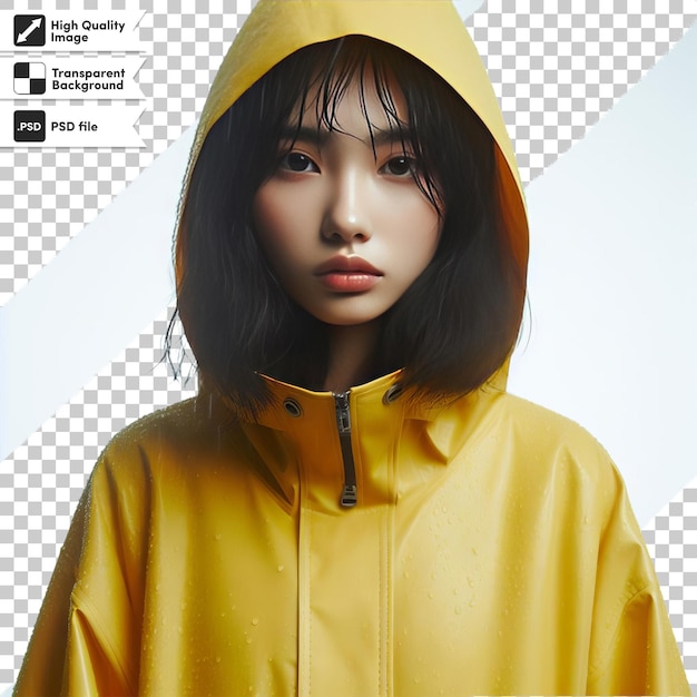 PSD a girl with a yellow raincoat on and a black background