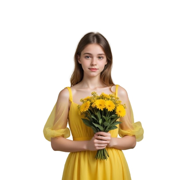 PSD a girl in a yellow dress holding a bouquet of flowers