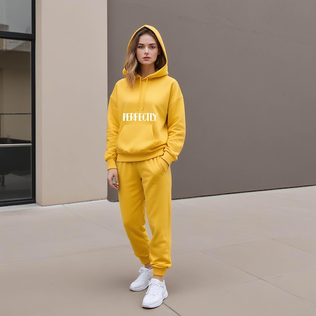 a girl in a yellow hoodie with the word on it