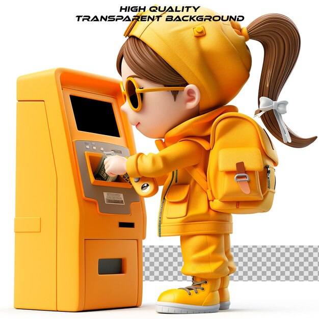 PSD a girl in yellow is holding a phone and a device that says  high quality quality quality quality