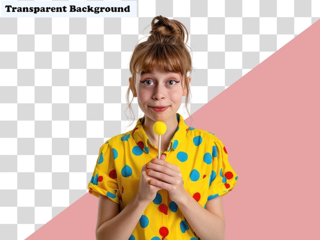 a girl in a yellow polka dot shirt holds a yellow lollipop