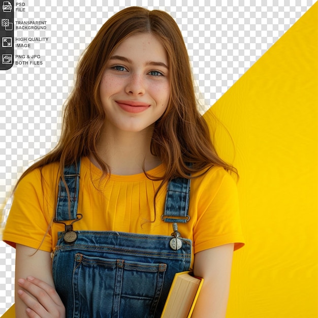 a girl in a yellow shirt with a book in her hand