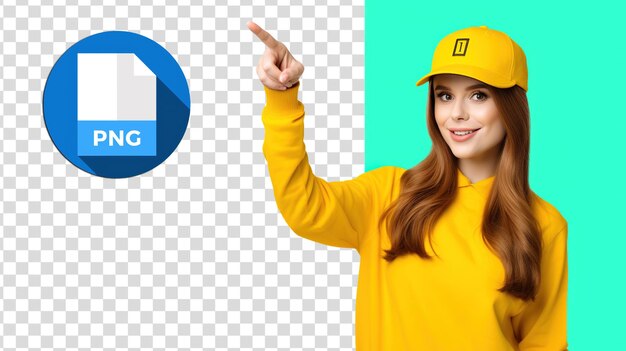 PSD girl in a yellow sweater and baseball cap pointing finger to side with in transparent background