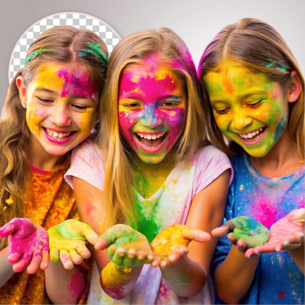 PSD girls celebrating summer holi festival with colorful powder on transparent background