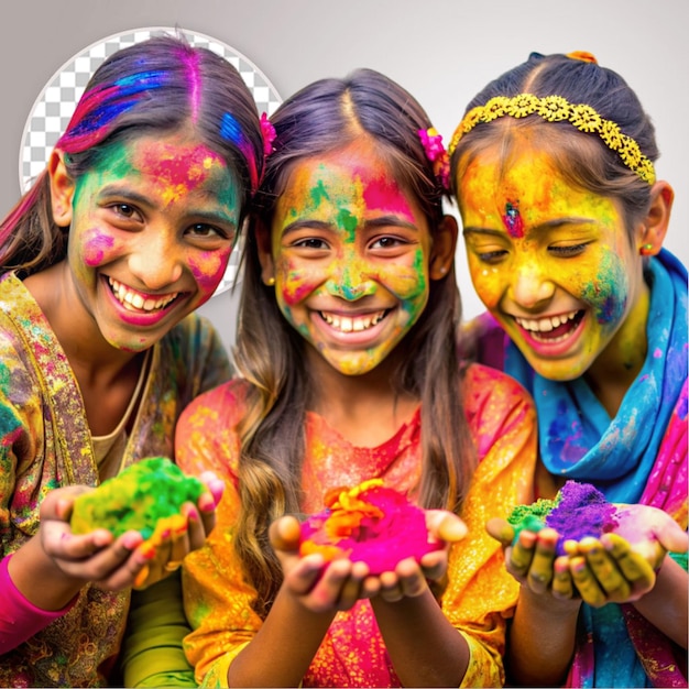 PSD girls celebrating summer holi festival with colorful powder on transparent background