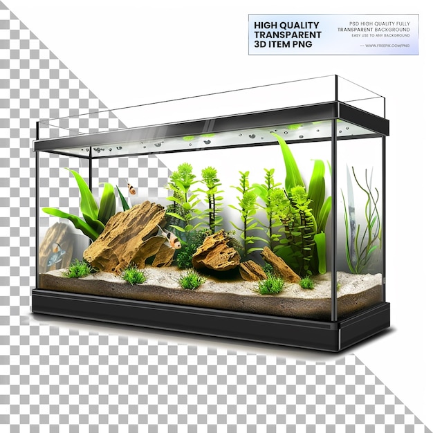 PSD glass aquarium with led lighting and fish on transparent background