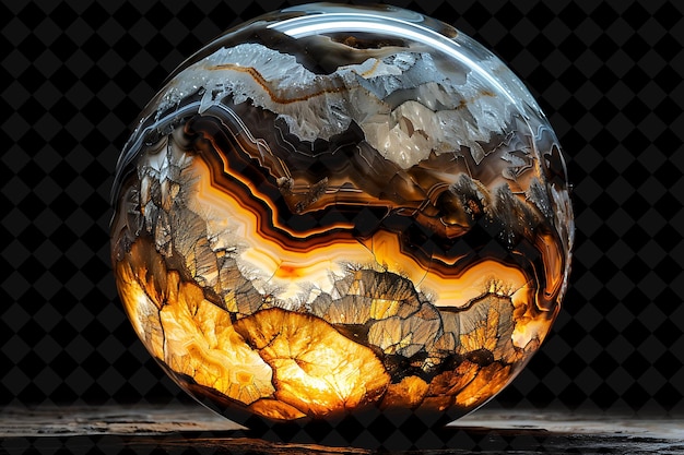 a glass ball with a black background and a picture of a rock