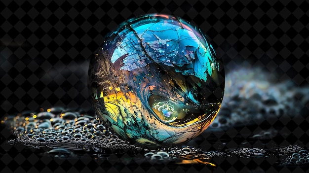 a glass ball with a blue and yellow colors of the ocean