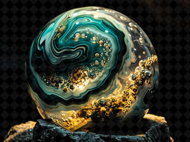 a glass ball with gold and green colors is sitting on a log