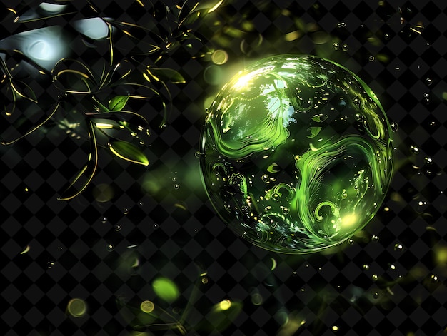 a glass ball with a gold ribbon and a green christmas tree