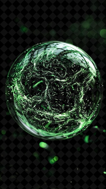 a glass ball with green and purple bubbles