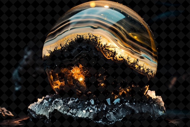 a glass ball with a reflection of trees and rocks