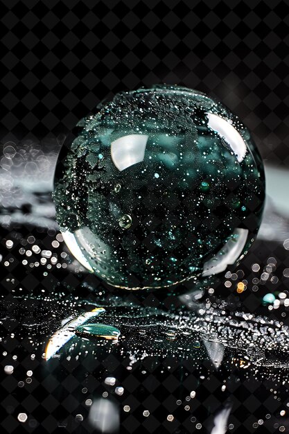 a glass ball with water drops on it and a black background