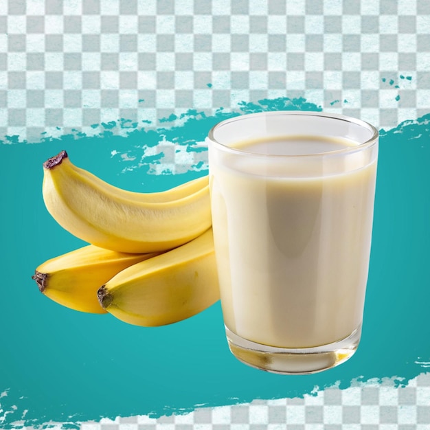 glass of banana smoothie with slice and straw realistic composition with bunch of unpeeled fruit