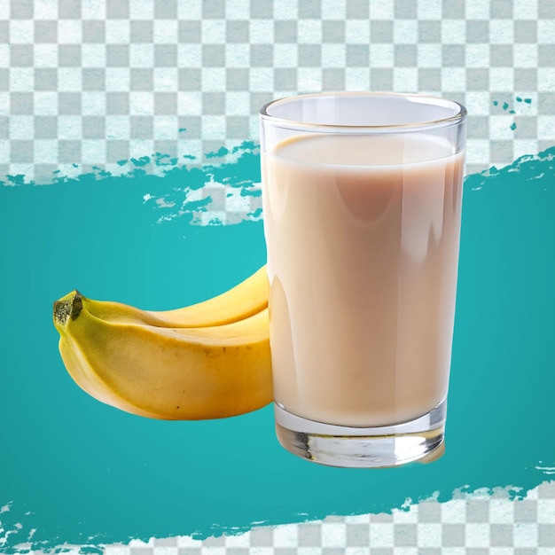 glass of banana smoothie with slice and straw realistic composition with bunch of unpeeled fruit