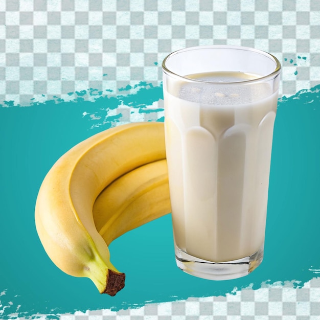 glass of banana smoothie with slice and straw realistic composition with bunch of unpeeled fruit