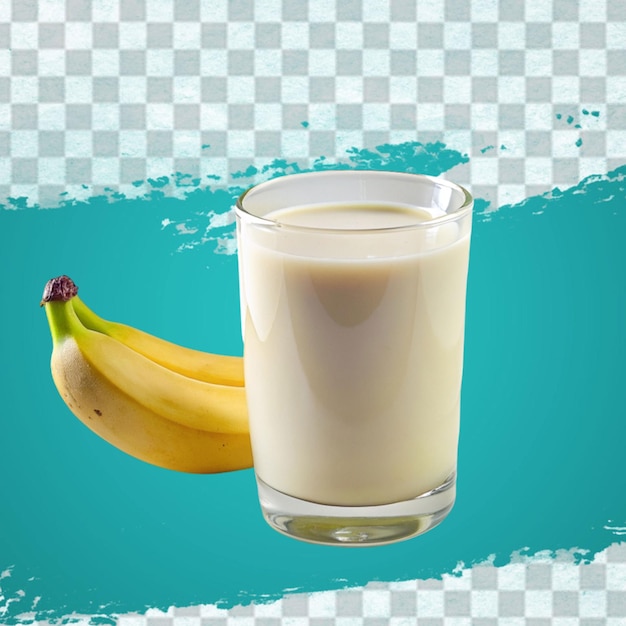 glass of banana smoothie with slice and straw realistic composition with bunch of unpeeled fruit