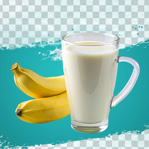 glass of banana smoothie with slice and straw realistic composition with bunch of unpeeled fruit