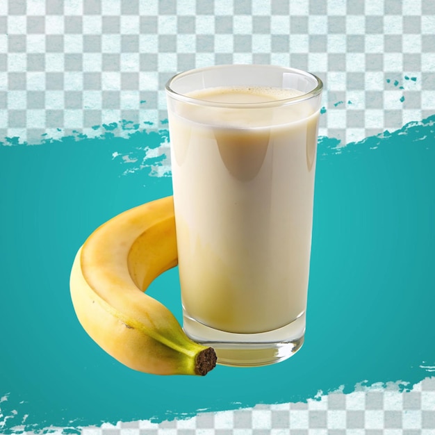 glass of banana smoothie with slice and straw realistic composition with bunch of unpeeled fruit