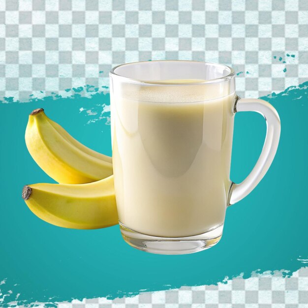 glass of banana smoothie with slice and straw realistic composition with bunch of unpeeled fruit