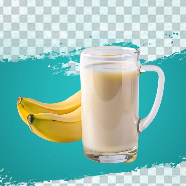 glass of banana smoothie with slice and straw realistic composition with bunch of unpeeled fruit