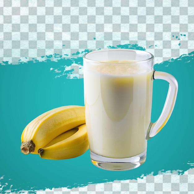 glass of banana smoothie with slice and straw realistic composition with bunch of unpeeled fruit