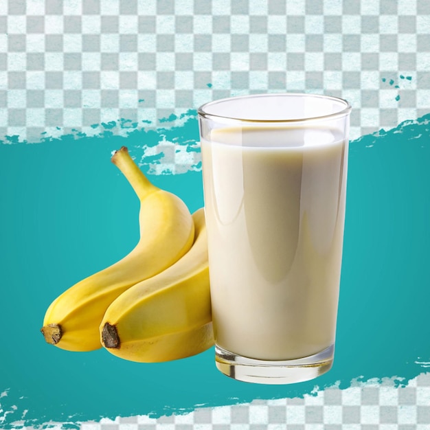 glass of banana smoothie with slice and straw realistic composition with bunch of unpeeled fruit