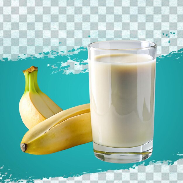 glass of banana smoothie with slice and straw realistic composition with bunch of unpeeled fruit