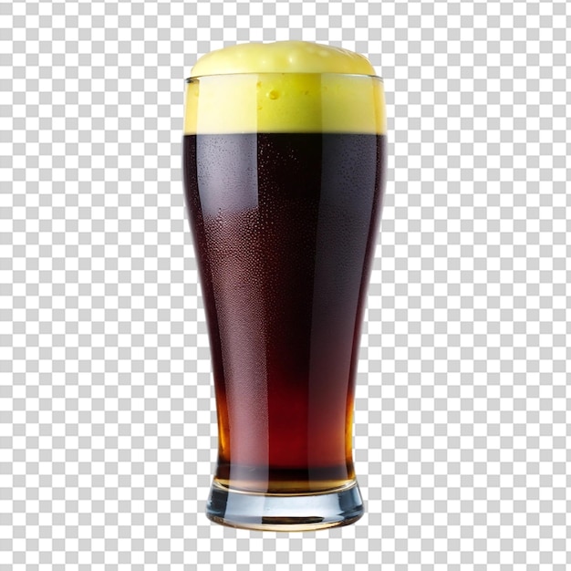 A glass of beer with a foamy head and brown liquid on transparent background