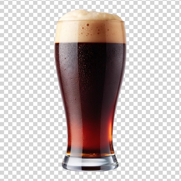 A glass of beer with a foamy head and brown liquid on transparent background