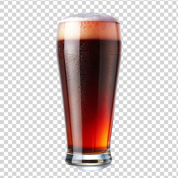 A glass of beer with a foamy head and brown liquid on transparent background