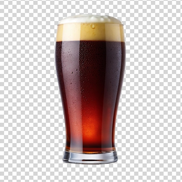 A glass of beer with a foamy head and brown liquid on transparent background