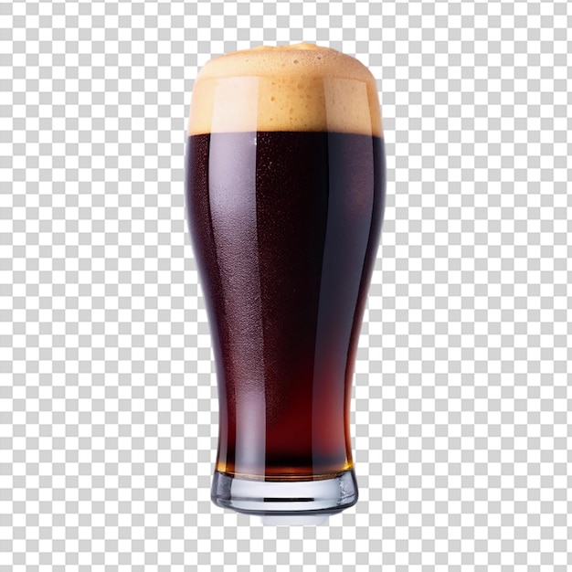 A glass of beer with a foamy head and brown liquid on transparent background