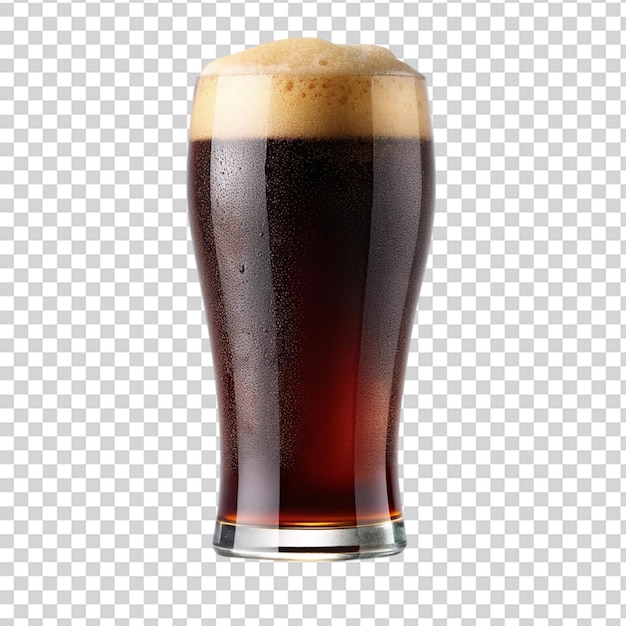 A glass of beer with a foamy head and brown liquid on transparent background